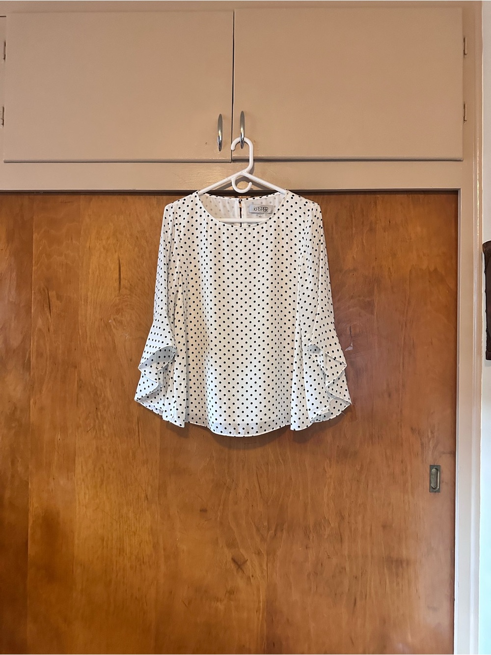 Kasper White Polka Dot Blouse with Ruffle Sleeves